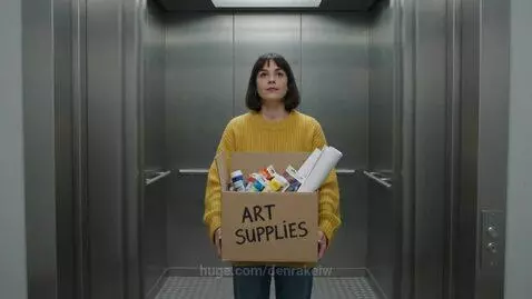 Woman in elevator surprised by fluffy, colorful cartoon monsters behind her.