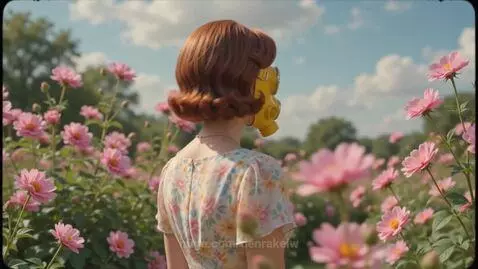Woman in a floral dress wearing a diamond-studded gas mask in a field of pink flowers.