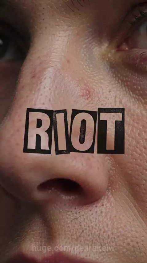 Extreme close-up of a human eye and cheekbone with bold, rough-edged letters 'INTERNAL RIOT' overlaid, against a vibrant magenta background.