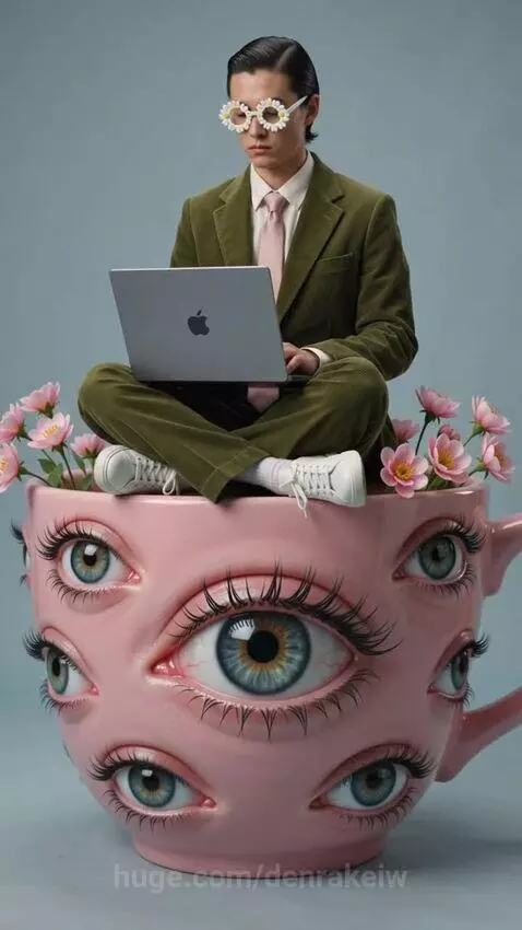 Man in green suit and daisy glasses sits cross-legged on a teacup with eyes, typing on a laptop.