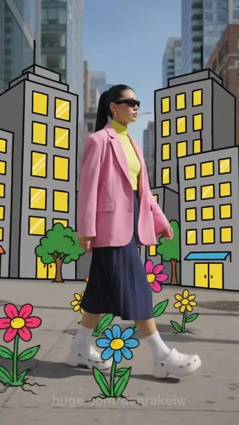 Woman in neon yellow turtleneck, pink blazer, and platform Crocs walks as cartoon flowers and buildings appear.