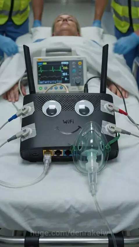 Medical team rushes a gurney with a smiling Wi-Fi router, adorned with googly eyes, to a reboot.