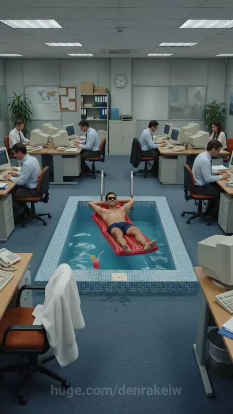 Man relaxing in a swimming pool with a cocktail in a bustling office environment.