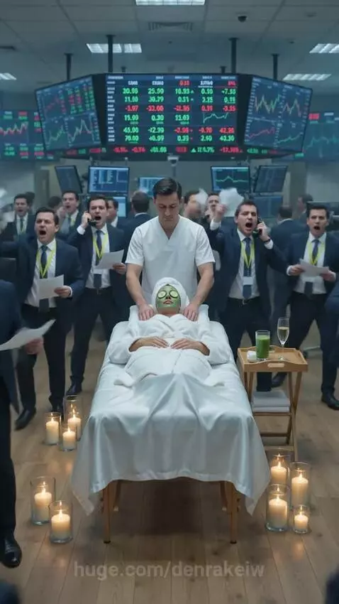 Woman receiving a facial and massage on a spa table in the middle of a chaotic stock exchange floor.
