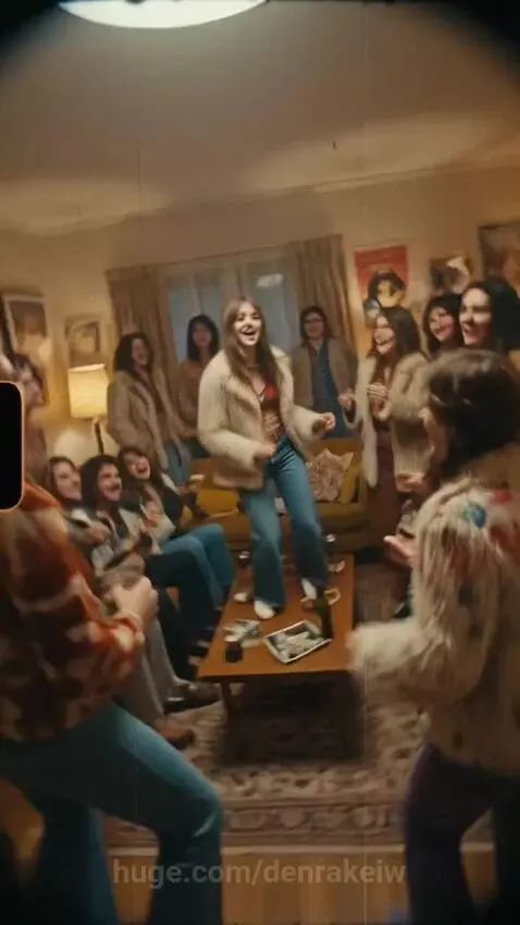 People at a 70s-themed party dancing and enjoying Crunchy's pickles, with a toast at the end.
