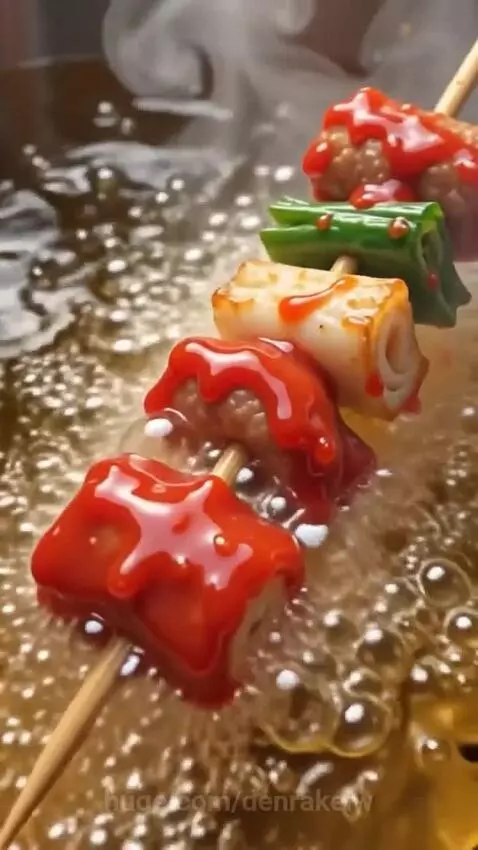 Close-up of crispy Mala Fried Skewers being dipped in bubbling red Mala sauce, with cute chibi characters.
