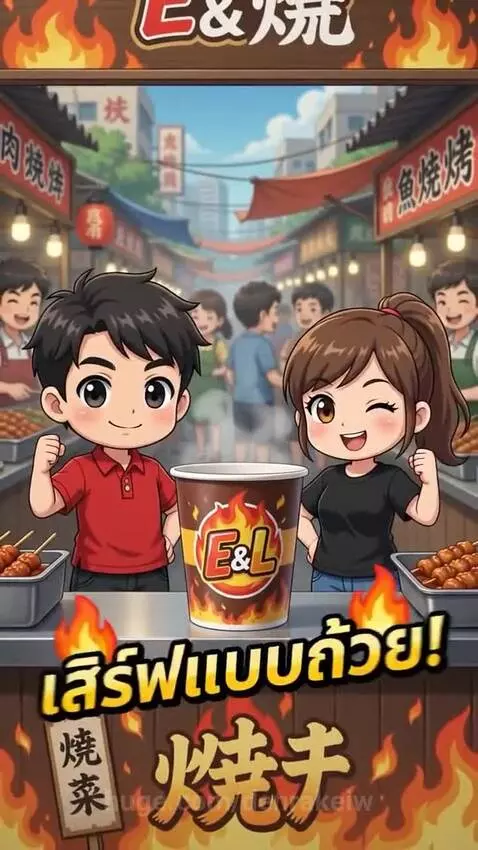 Close-up of crispy Mala Fried Skewers being dipped in bubbling red Mala sauce, with cute chibi characters.