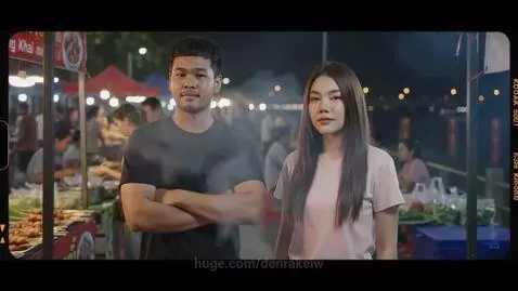 Couple selling crispy fried mala skewers at a bustling night market by the river at sunset.