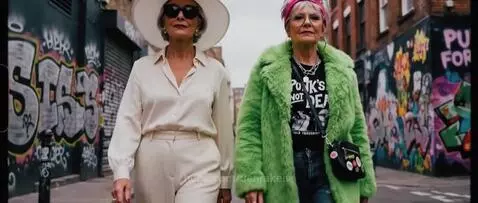 Three older individuals, two women and one man, in stylish attire, confidently walking and celebrating in a lively bar.