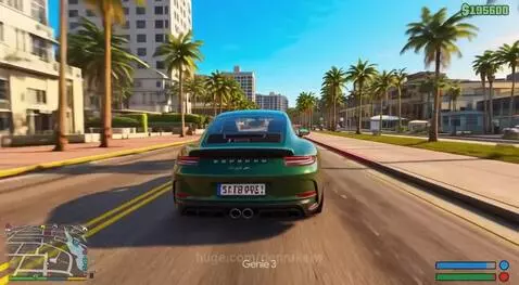Green Porsche driving on a sunny coastal road with palm trees and buildings in Grand Theft Auto 6 gameplay.