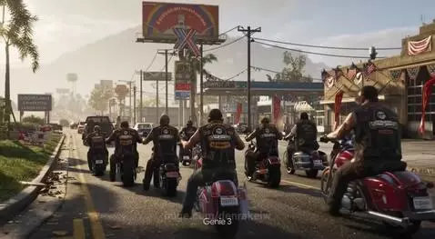 First-person view of a character riding a motorcycle down a busy city street in GTA 6, with palm trees and buildings.