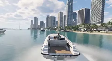 First-person view from a speedboat in GTA 6, navigating a sunny city waterway with palm trees and skyscrapers.