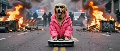 Golden retriever wearing sunglasses and a pink jacket rides a robot vacuum in a chaotic street scene.