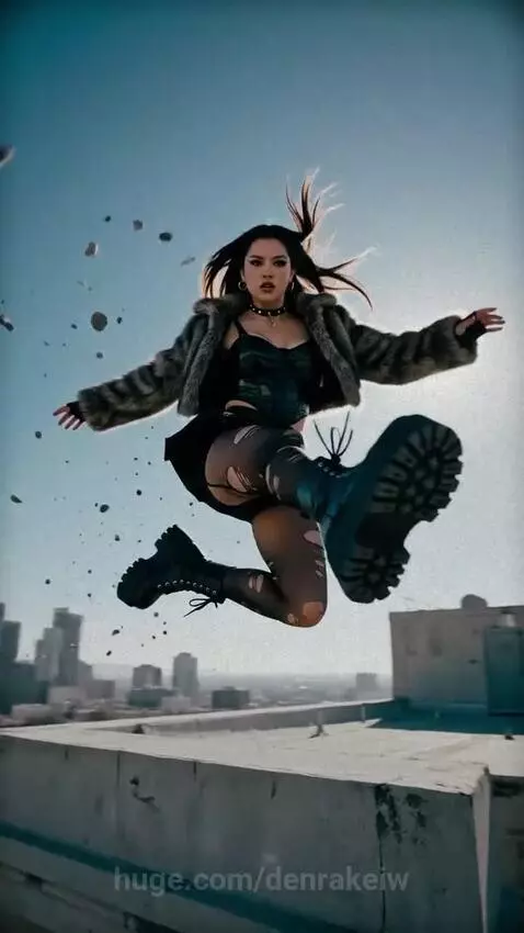 Young women in goth-punk fashion performing parkour on urban rooftops with city skyline.