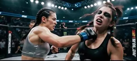 Two female MMA fighters intensely battling in a cage, sweat and smudged makeup visible, during a fight.