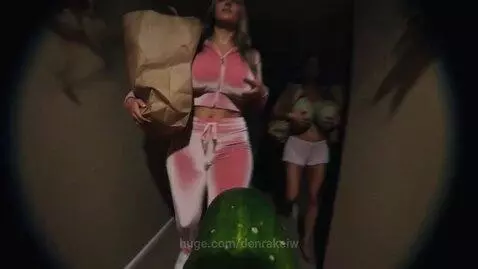 First-person view from a cucumber showing domestic scenes including women, food preparation, and a running washing machine.