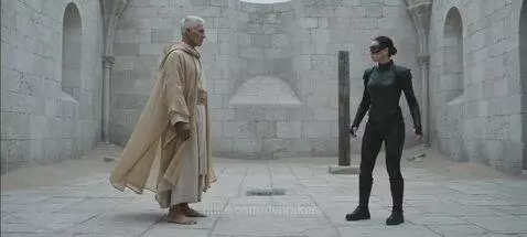 Man in robe and armored woman in goggles training martial arts in ancient ruins, holding a dagger.