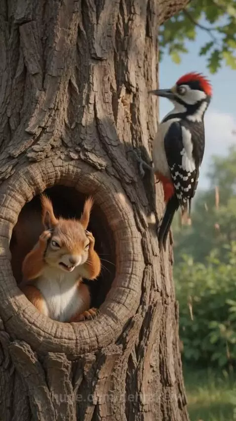 Red squirrel peeking from tree hole, covering ears as woodpecker pecks nearby.