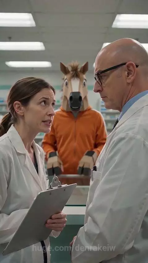 Woman in lab coat discusses horse hoof pain medication with a colleague, while a person in a horse head mask stands behind a pharmacy counter.
