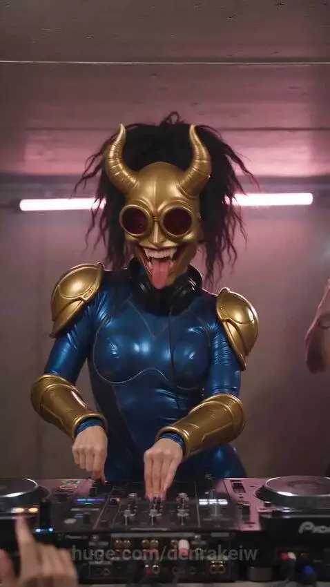 DJ in a metallic suit and horned mask with goggles, with a man holding three cats (white, orange, black) in the background.