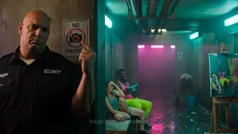 Security guard by 'no photos' sign, with a neon hallway and a painter creating art.