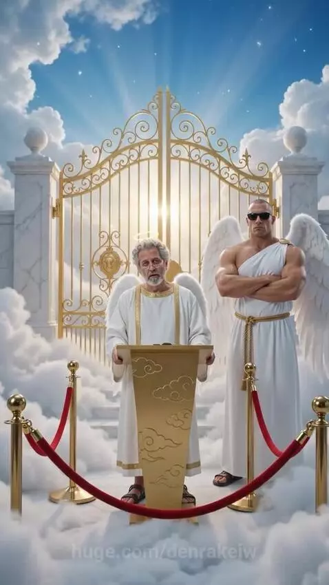 Angels in rave outfits with glow sticks and wings at the gates of heaven.
