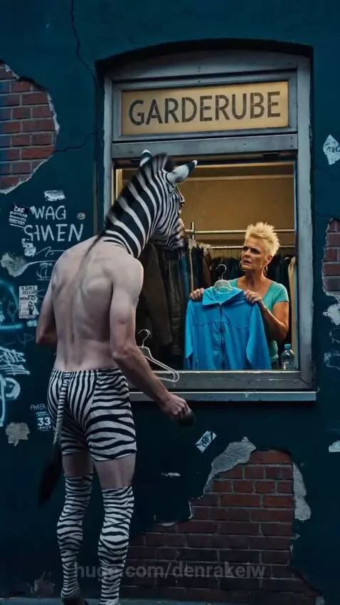 Person with zebra head and striped shorts rejects a blue jacket from a store clerk.