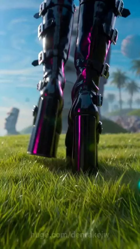 Woman in shiny boots and red skirt approaches an animated Moai statue in a surreal landscape with floating spheres.