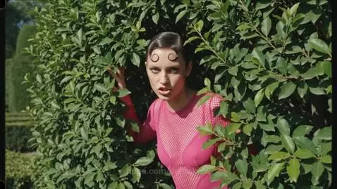 Woman in pink mesh top with curled hair peeking through hedges, then women in leather exchanging money, ending with a woman in ecstasy.