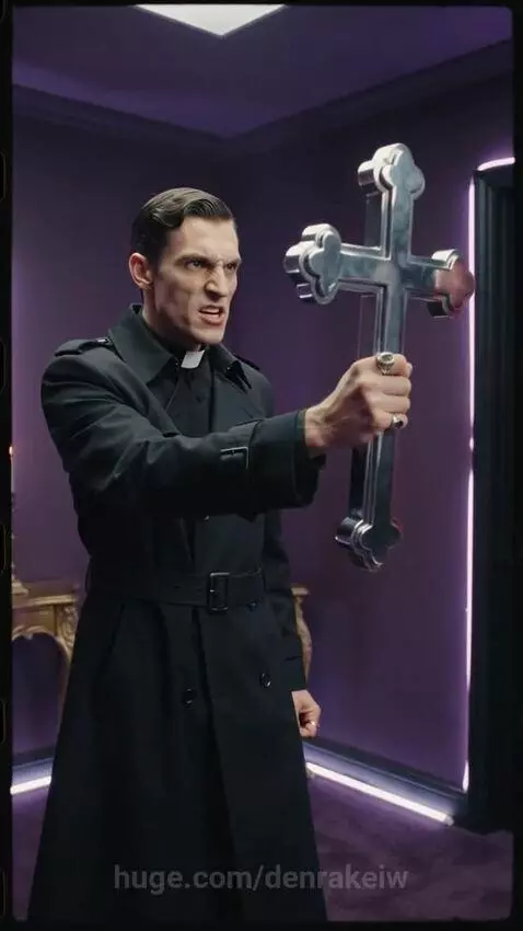 Priest in costume holding a cross yelling at a devil in a red latex costume, later seen in a car together.