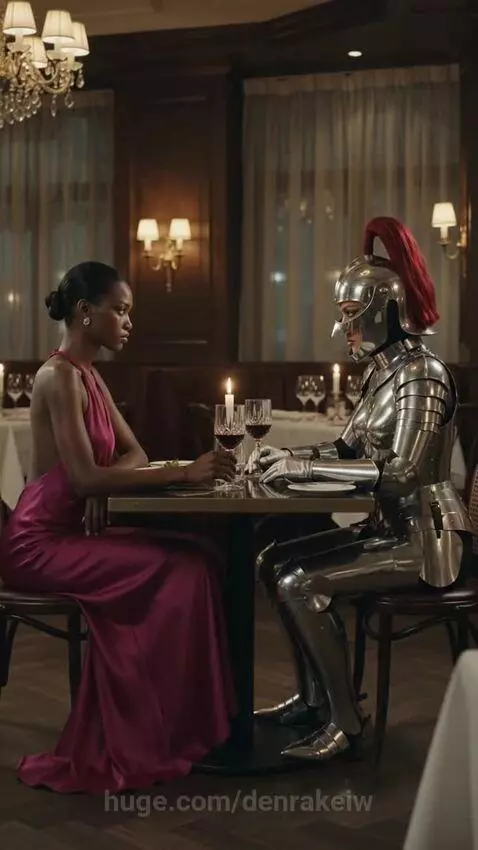 Woman in pink dress at candlelit dinner table with knight in armor, holding wine glasses.