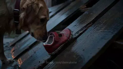 Golden retriever holding a child's shoe, looking at a firefighter near debris.