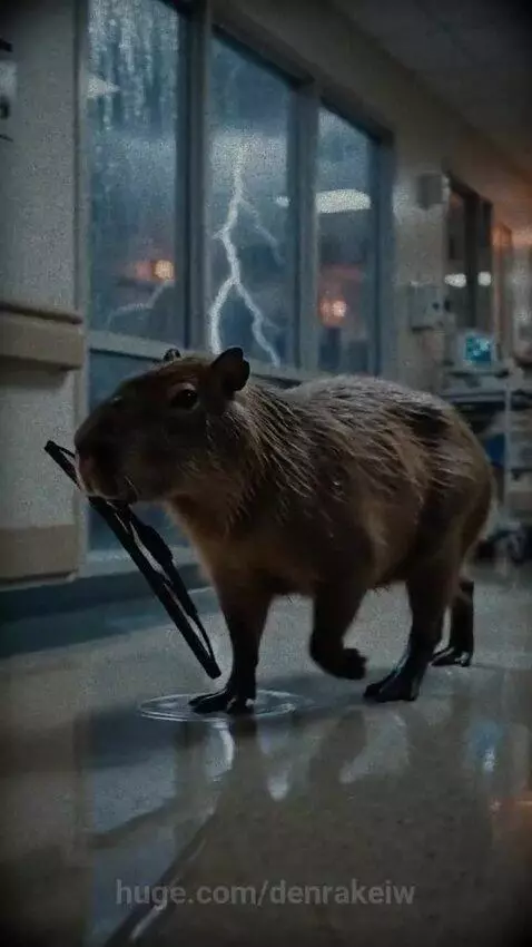 Capybara holding a windshield wiper, clearing condensation from an incubator glass for a mother to see her baby.