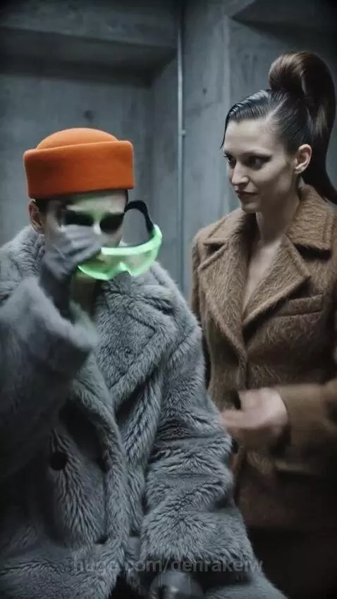 Woman in grey fur coat and orange hat wearing glowing VR goggles, looking sad, then sitting on a moon.
