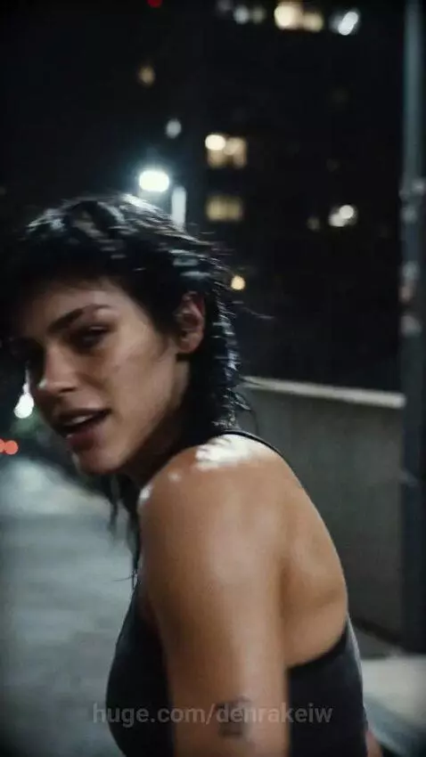 Woman skateboarding at night, performing tricks on a rail and stairs, wearing dark clothing.