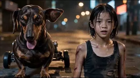 A dachshund dog wearing a wheeled harness performs skateboarding tricks on a street at night.