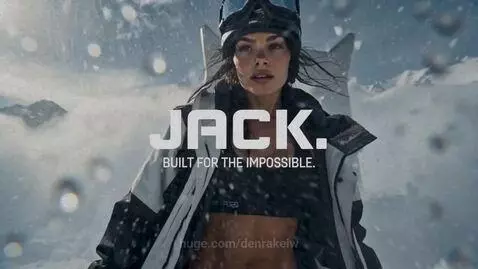 Woman snowboarding down a snowy mountain, performing a jump with a giant wrench in the sky.
