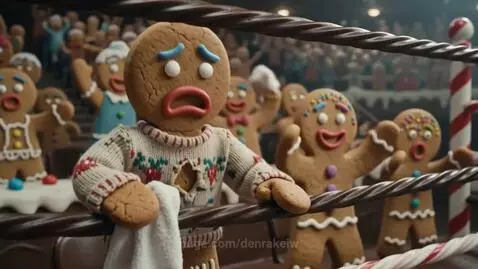 Two gingerbread men boxing in an arena with a cheering crowd of gingerbread people.