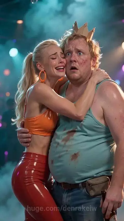 A blonde woman in an orange crop top hugs a disheveled man wearing a paper crown and holding a beer bottle at a party.