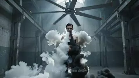 Woman exhaling black and white smoke in a large industrial space, smoke swirling around her.