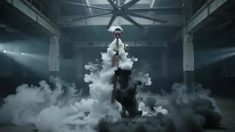 Woman in black outfit levitating and ascending amidst swirling smoke with orange glow.