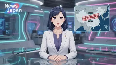 Anime news anchor in a futuristic studio reporting on China's AI companion app ban.