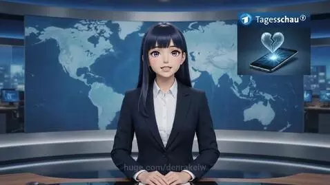 Anime news anchor in a suit reporting on China's ban of AI companion apps, with graphics of a broken heart and ban symbol.