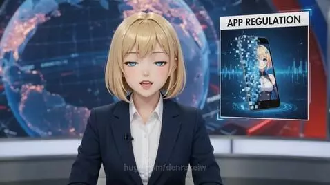 Anime news anchor in a suit reporting on AI companion app bans with a globe graphic.