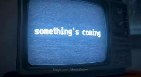 Anime girl with blue and purple hair emerging from an old television screen displaying static.