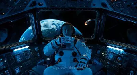 Astronaut in spaceship cockpit calmly drinking from a mug that reads 'THIS IS FINE' while Earth explodes outside the window.