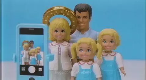 Catholic Instagram Mom toy set featuring dolls, smartphone on tripod, and minivan.