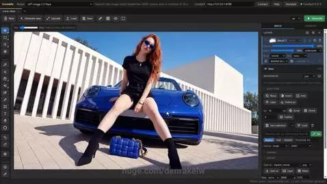 Woman sitting on a blue sports car, demonstrating the Scumble inpainting editor.