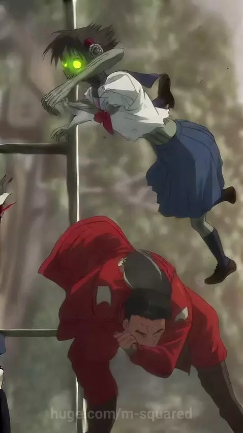 Man in red jacket firing a shotgun at a zombie girl with glowing green eyes.