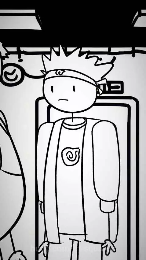 Stick figure spy with spiky hair and headband confronts a larger stick figure with a mustache, holding a gun.